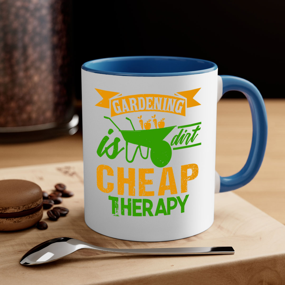 Gardening is dirt cheap therapy mug with colorful handle and glossy finish, available in multiple colors and sizes.