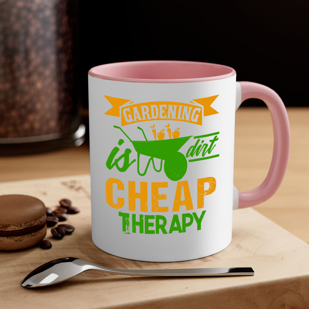 Gardening is dirt cheap therapy mug with colorful handle and glossy finish, available in multiple colors and sizes.