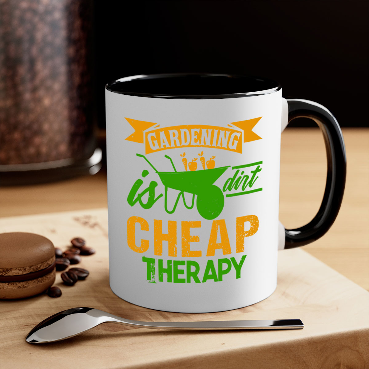 Gardening is dirt cheap therapy mug with colorful handle and glossy finish, available in multiple colors and sizes.