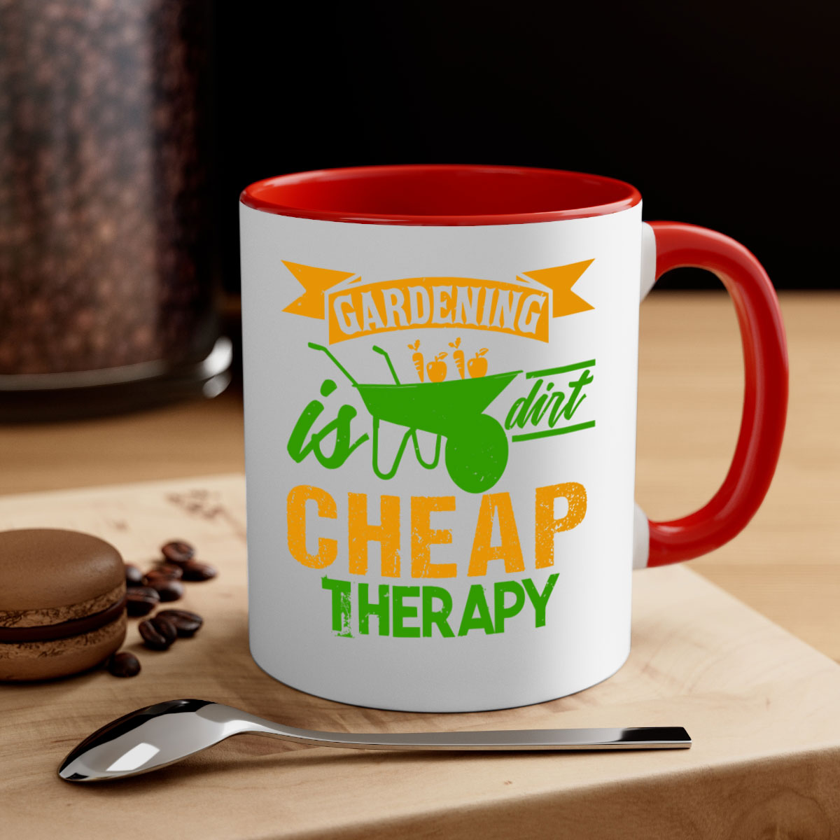 Gardening is dirt cheap therapy mug with colorful handle and glossy finish, available in multiple colors and sizes.