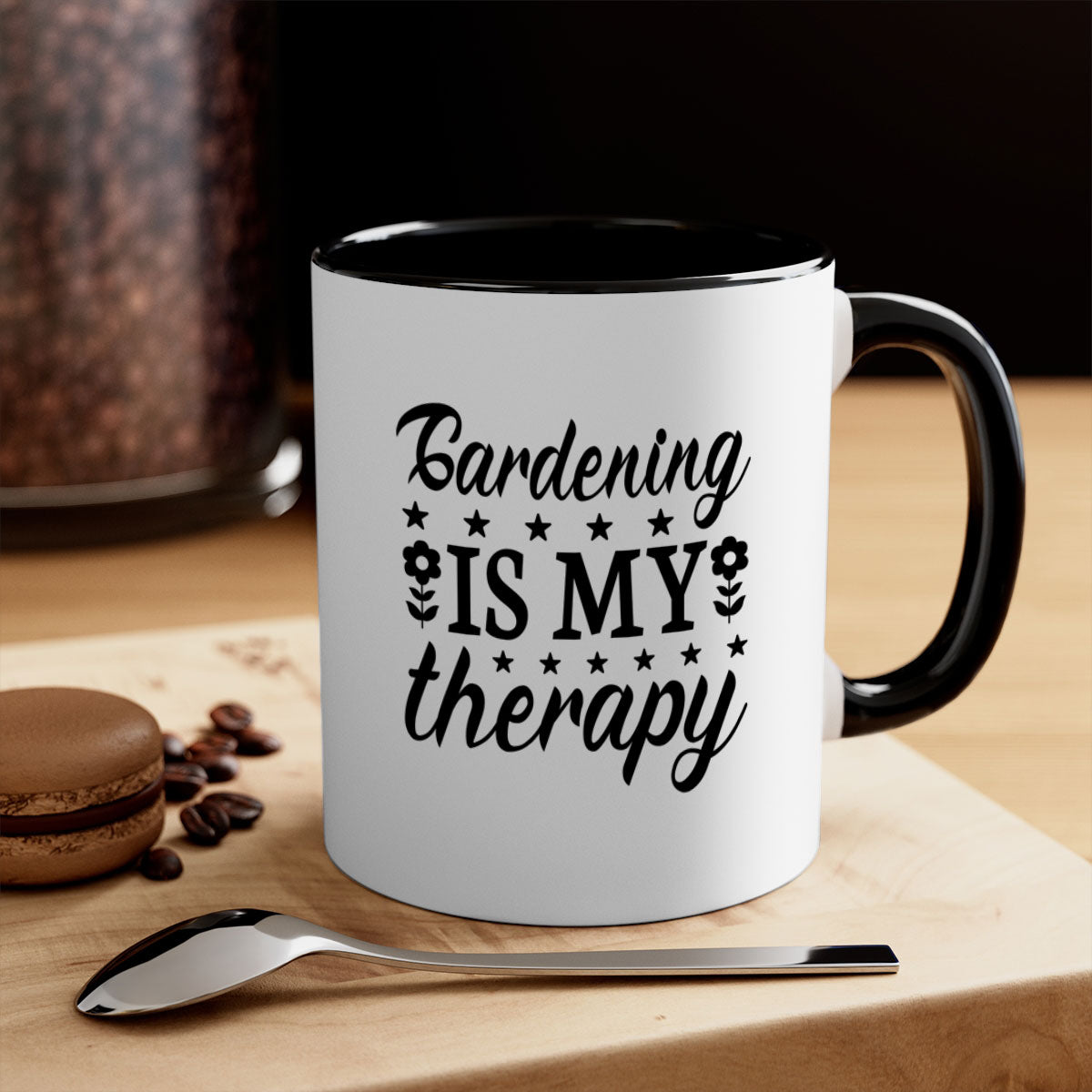A two-tone ceramic mug with the phrase 'Gardening is my therapy', featuring a colored handle and glossy finish, available in multiple colors.