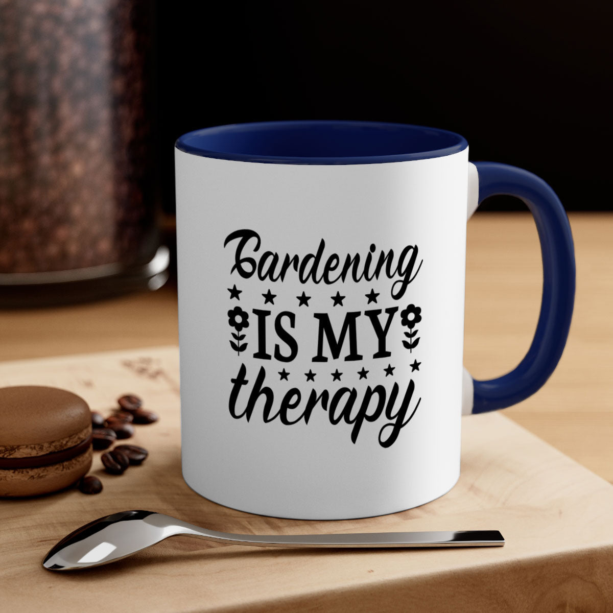 A two-tone ceramic mug with the phrase 'Gardening is my therapy', featuring a colored handle and glossy finish, available in multiple colors.