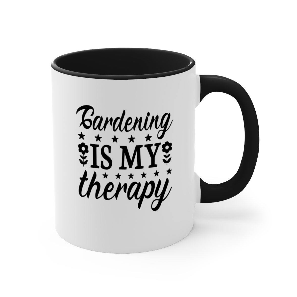 A two-tone ceramic mug with the phrase 'Gardening is my therapy', featuring a colored handle and glossy finish, available in multiple colors.