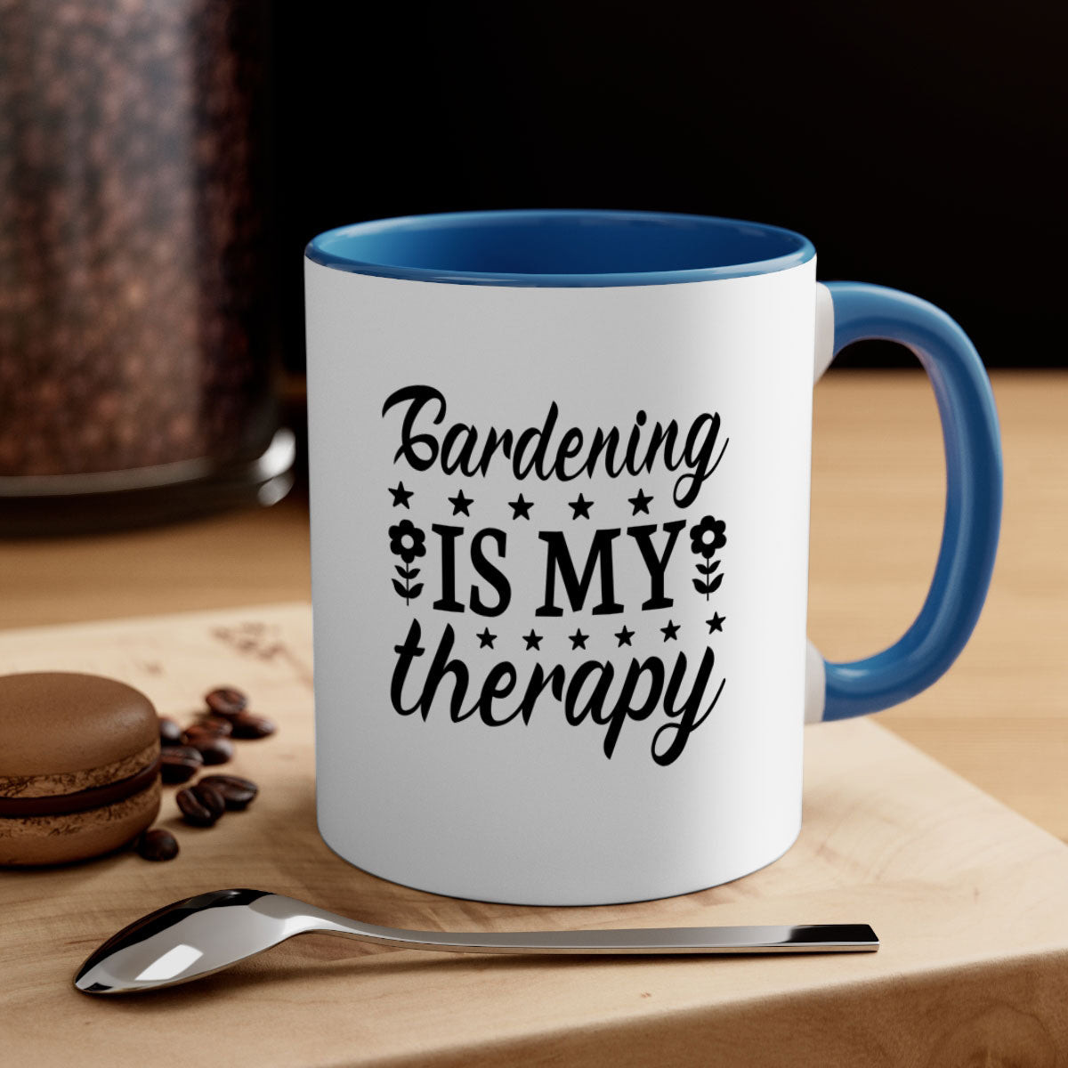 A two-tone ceramic mug with the phrase 'Gardening is my therapy', featuring a colored handle and glossy finish, available in multiple colors.