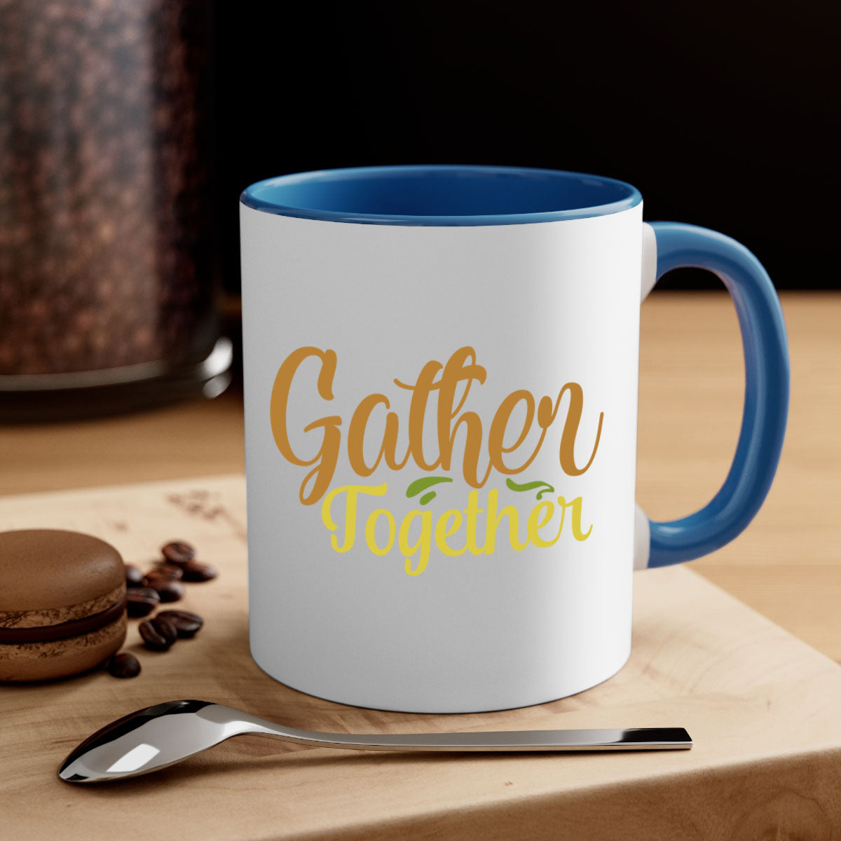 Gather Together 61# Thanksgiving Mug with a glossy finish, featuring a colored handle and interior, available in multiple colors.