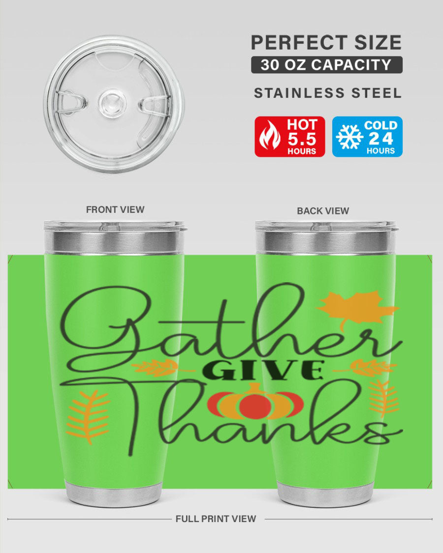 Gathergivethanks 191# fall tumbler in stainless steel with a drink-thru lid, showcasing its sleek design and double wall vacuum insulation.