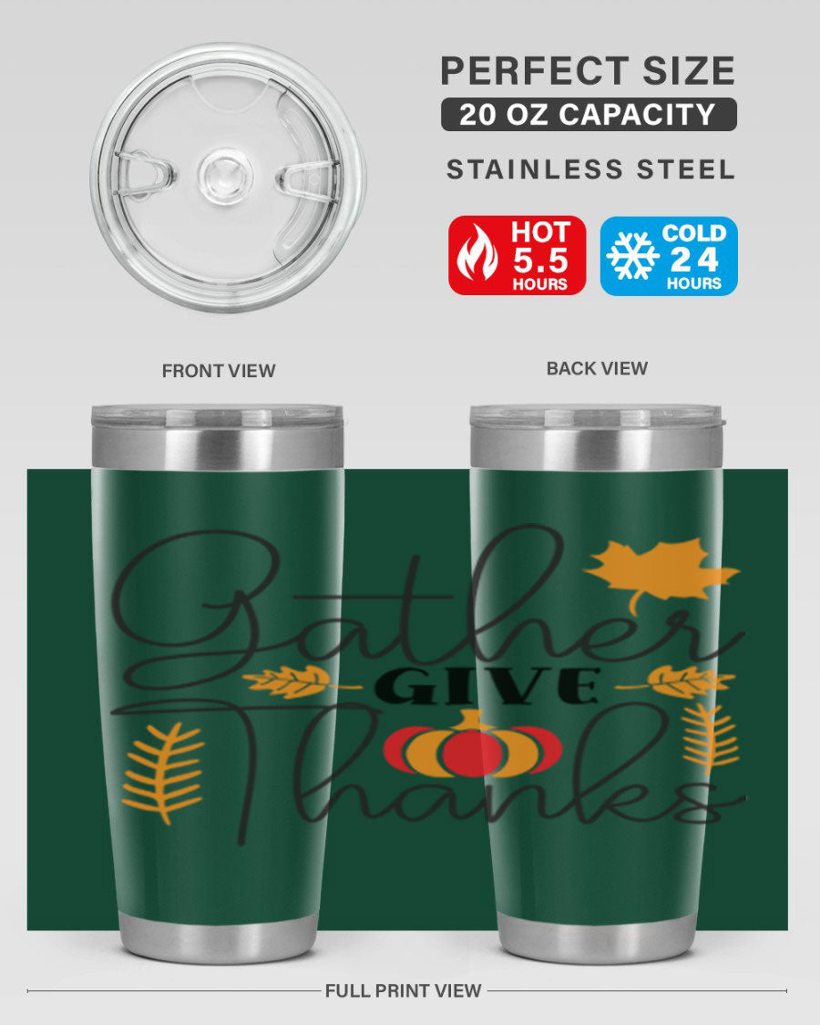 Gathergivethanks 191# fall tumbler in stainless steel with a drink-thru lid, showcasing its sleek design and double wall vacuum insulation.