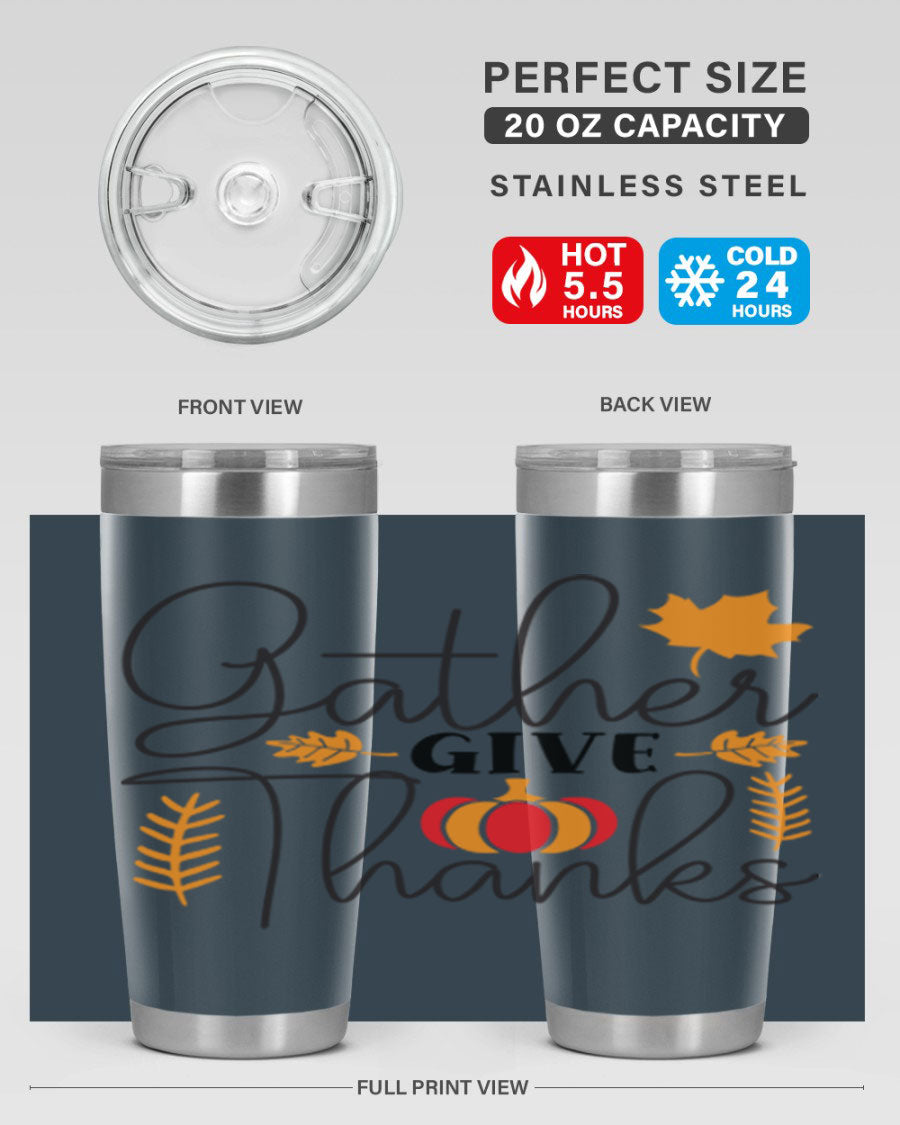 Gathergivethanks 191# fall tumbler in stainless steel with a drink-thru lid, showcasing its sleek design and double wall vacuum insulation.