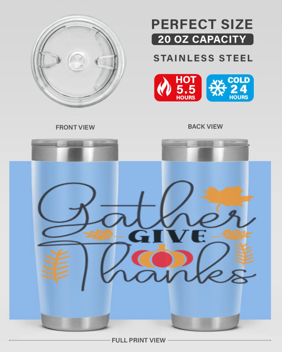Gathergivethanks 191# fall tumbler in stainless steel with a drink-thru lid, showcasing its sleek design and double wall vacuum insulation.