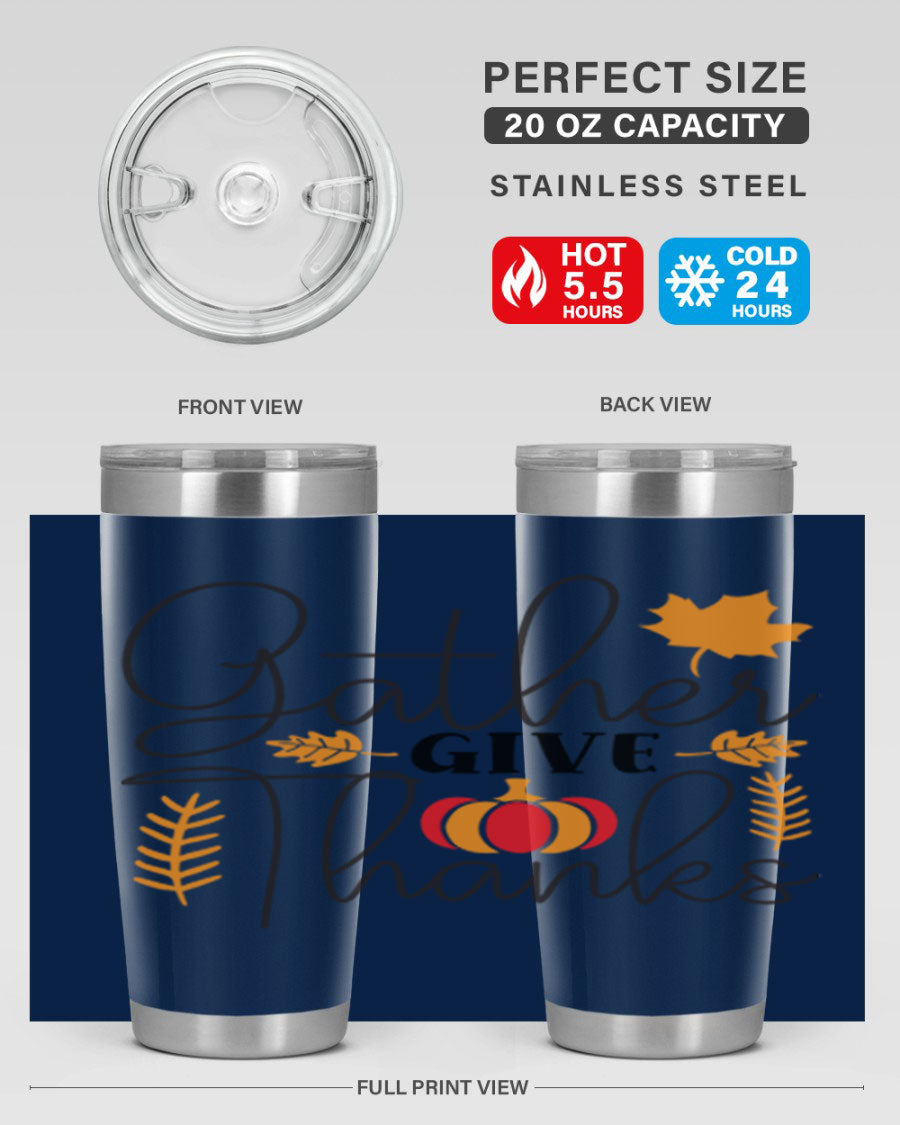 Gathergivethanks 191# fall tumbler in stainless steel with a drink-thru lid, showcasing its sleek design and double wall vacuum insulation.