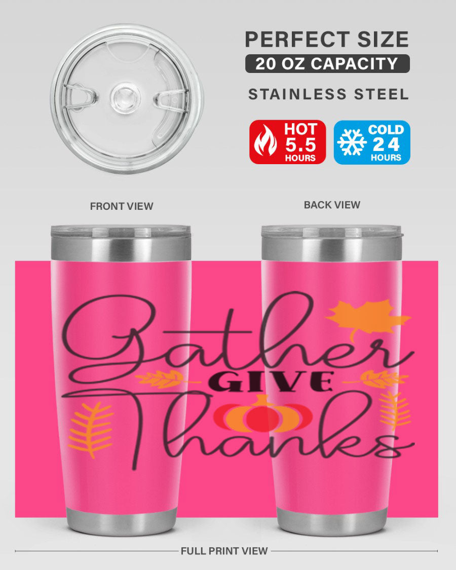 Gathergivethanks 191# fall tumbler in stainless steel with a drink-thru lid, showcasing its sleek design and double wall vacuum insulation.