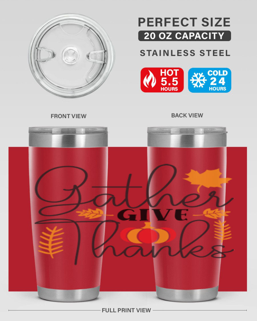 Gathergivethanks 191# fall tumbler in stainless steel with a drink-thru lid, showcasing its sleek design and double wall vacuum insulation.