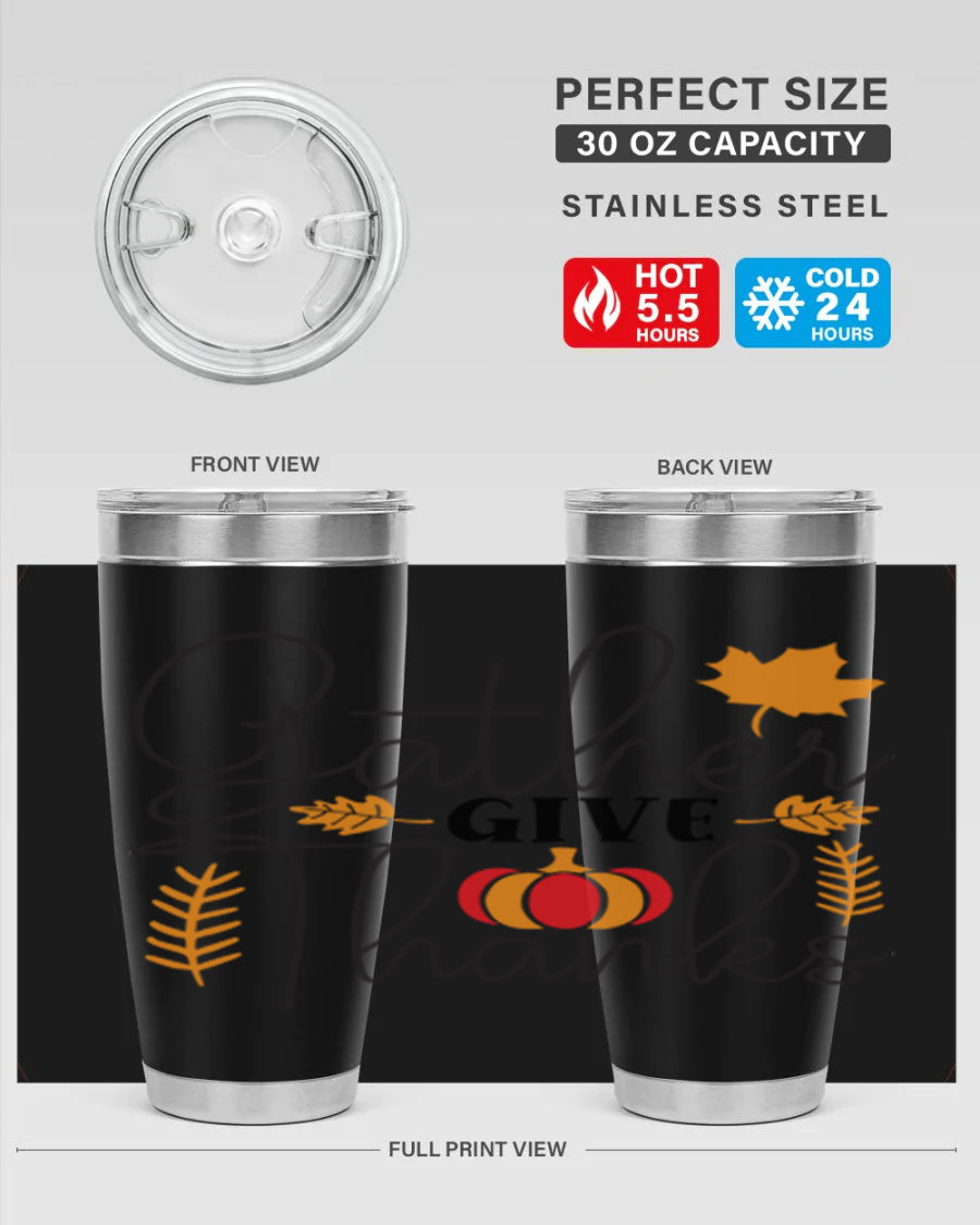Gathergivethanks 191# fall tumbler in stainless steel with a drink-thru lid, showcasing its sleek design and double wall vacuum insulation.