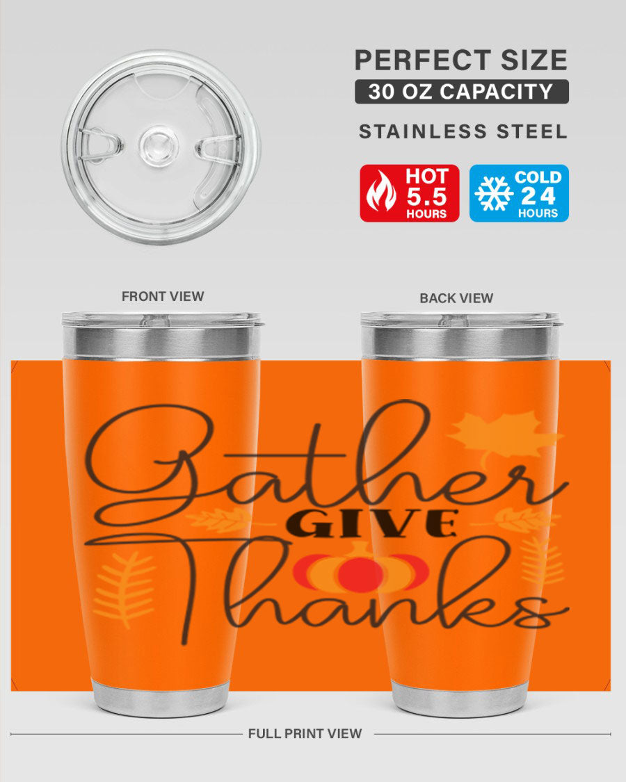 Gathergivethanks 191# fall tumbler in stainless steel with a drink-thru lid, showcasing its sleek design and double wall vacuum insulation.