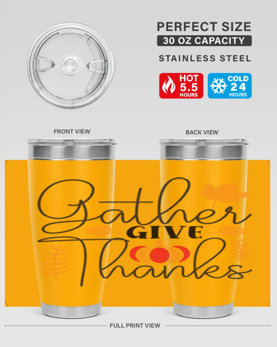 Gathergivethanks 191# fall tumbler in stainless steel with a drink-thru lid, showcasing its sleek design and double wall vacuum insulation.