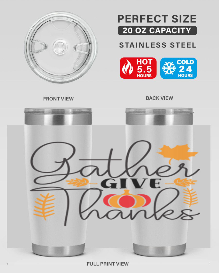 Gathergivethanks 191# fall tumbler in stainless steel with a drink-thru lid, showcasing its sleek design and double wall vacuum insulation.