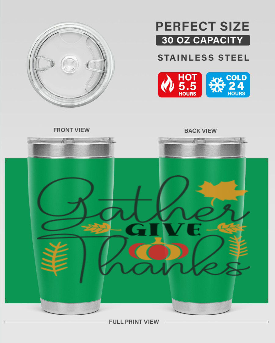 Gathergivethanks 191# fall tumbler in stainless steel with a drink-thru lid, showcasing its sleek design and double wall vacuum insulation.