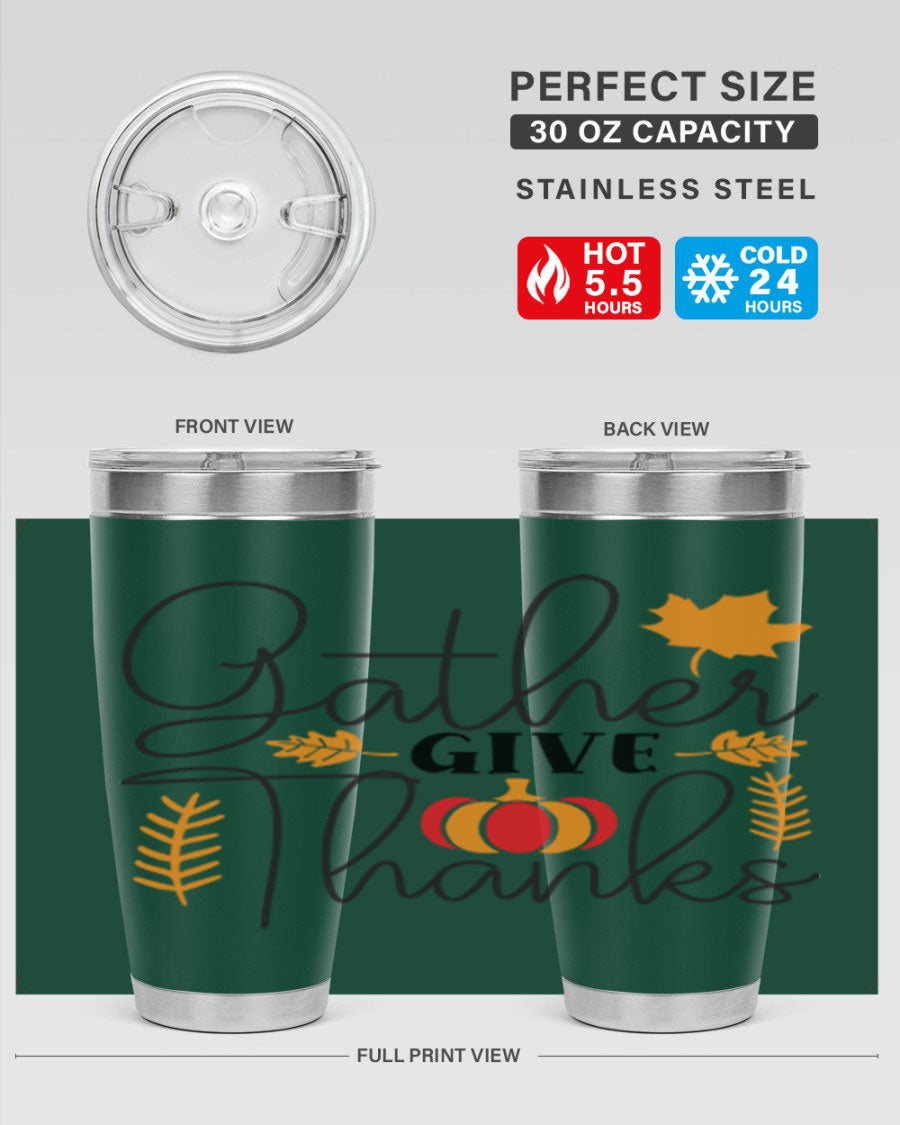 Gathergivethanks 191# fall tumbler in stainless steel with a drink-thru lid, showcasing its sleek design and double wall vacuum insulation.