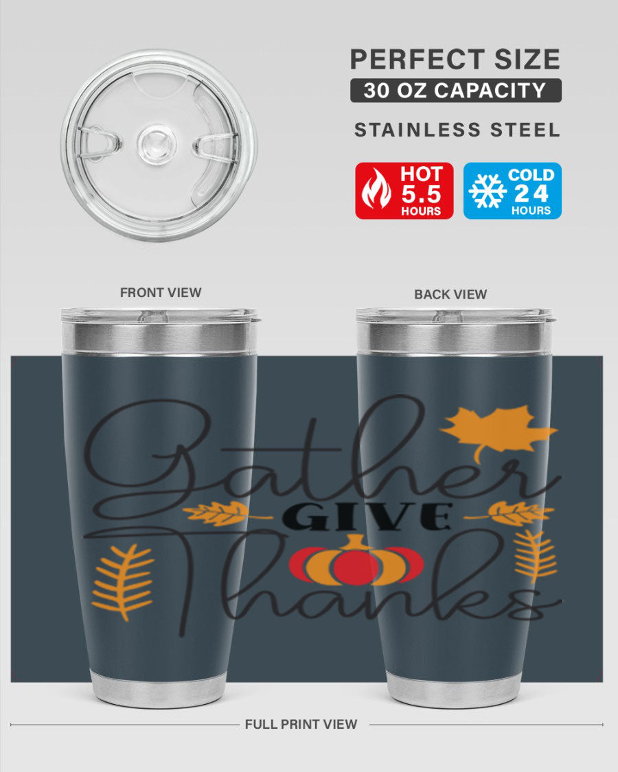 Gathergivethanks 191# fall tumbler in stainless steel with a drink-thru lid, showcasing its sleek design and double wall vacuum insulation.