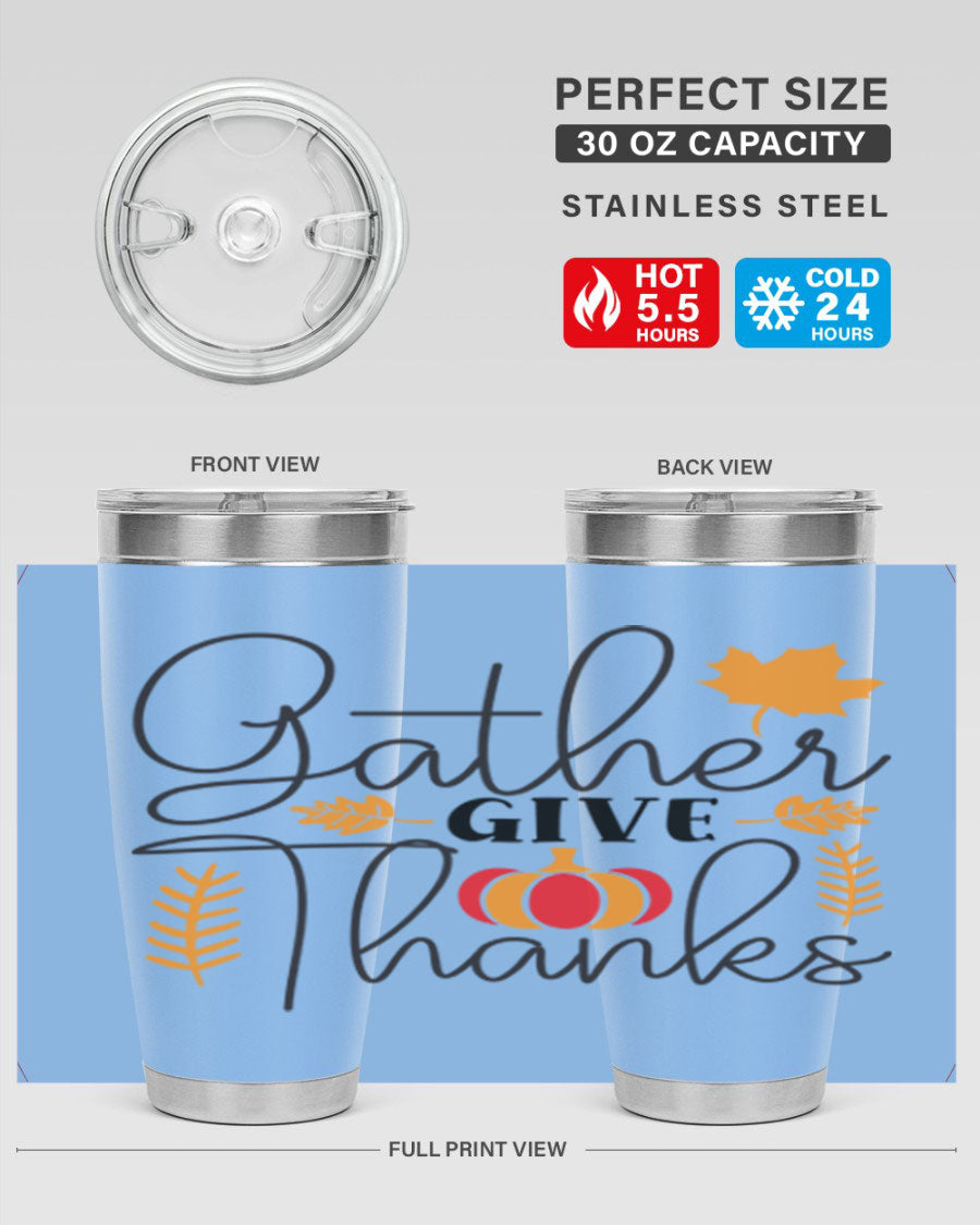 Gathergivethanks 191# fall tumbler in stainless steel with a drink-thru lid, showcasing its sleek design and double wall vacuum insulation.