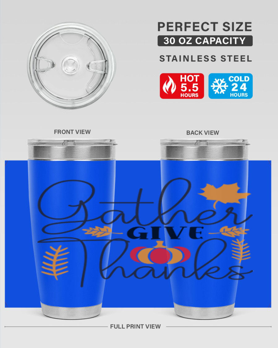 Gathergivethanks 191# fall tumbler in stainless steel with a drink-thru lid, showcasing its sleek design and double wall vacuum insulation.