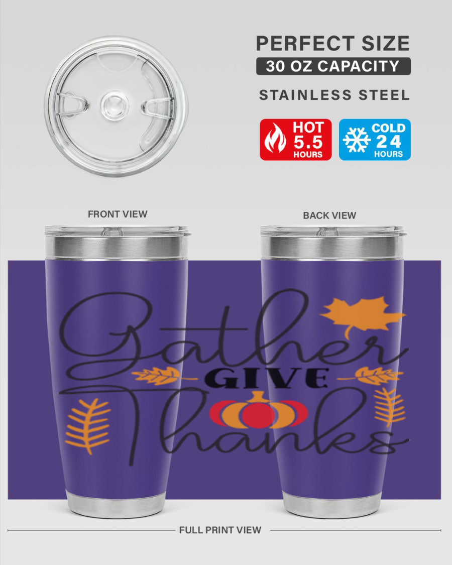 Gathergivethanks 191# fall tumbler in stainless steel with a drink-thru lid, showcasing its sleek design and double wall vacuum insulation.