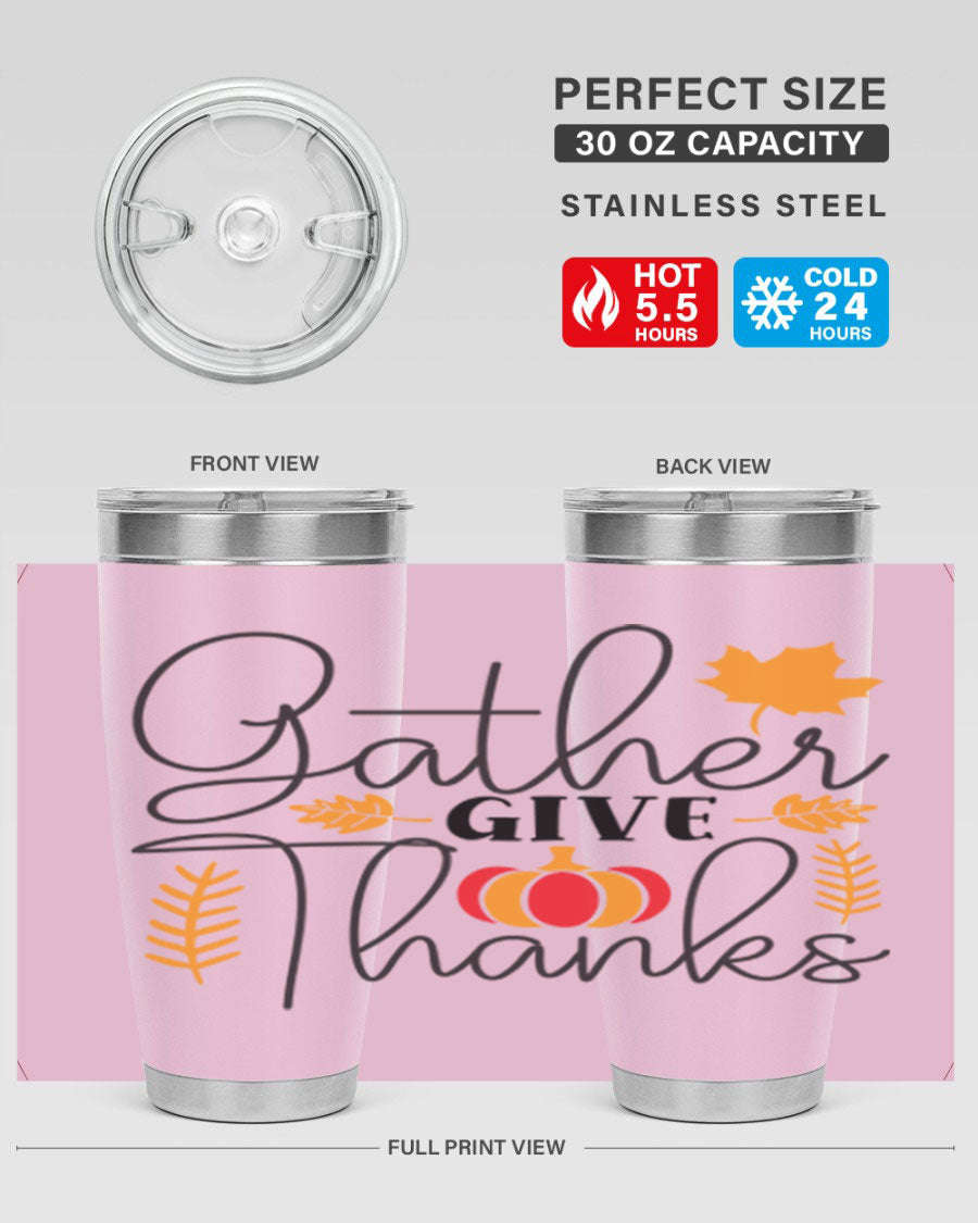 Gathergivethanks 191# fall tumbler in stainless steel with a drink-thru lid, showcasing its sleek design and double wall vacuum insulation.