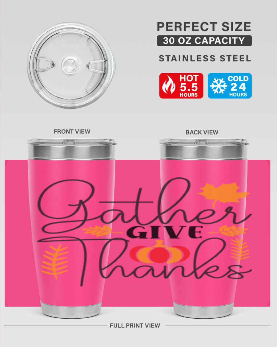 Gathergivethanks 191# fall tumbler in stainless steel with a drink-thru lid, showcasing its sleek design and double wall vacuum insulation.
