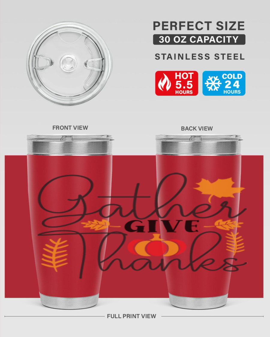Gathergivethanks 191# fall tumbler in stainless steel with a drink-thru lid, showcasing its sleek design and double wall vacuum insulation.
