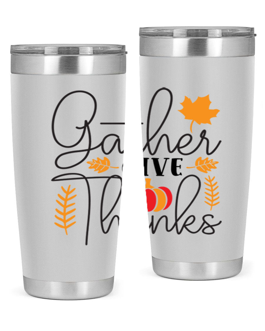 Gathergivethanks 191# fall tumbler in stainless steel with a drink-thru lid, showcasing its sleek design and double wall vacuum insulation.