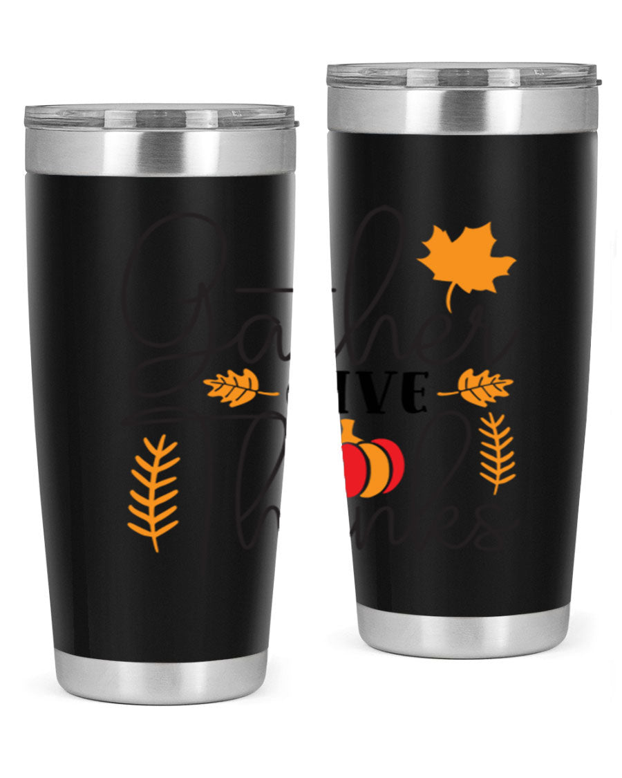 Gathergivethanks 191# fall tumbler in stainless steel with a drink-thru lid, showcasing its sleek design and double wall vacuum insulation.