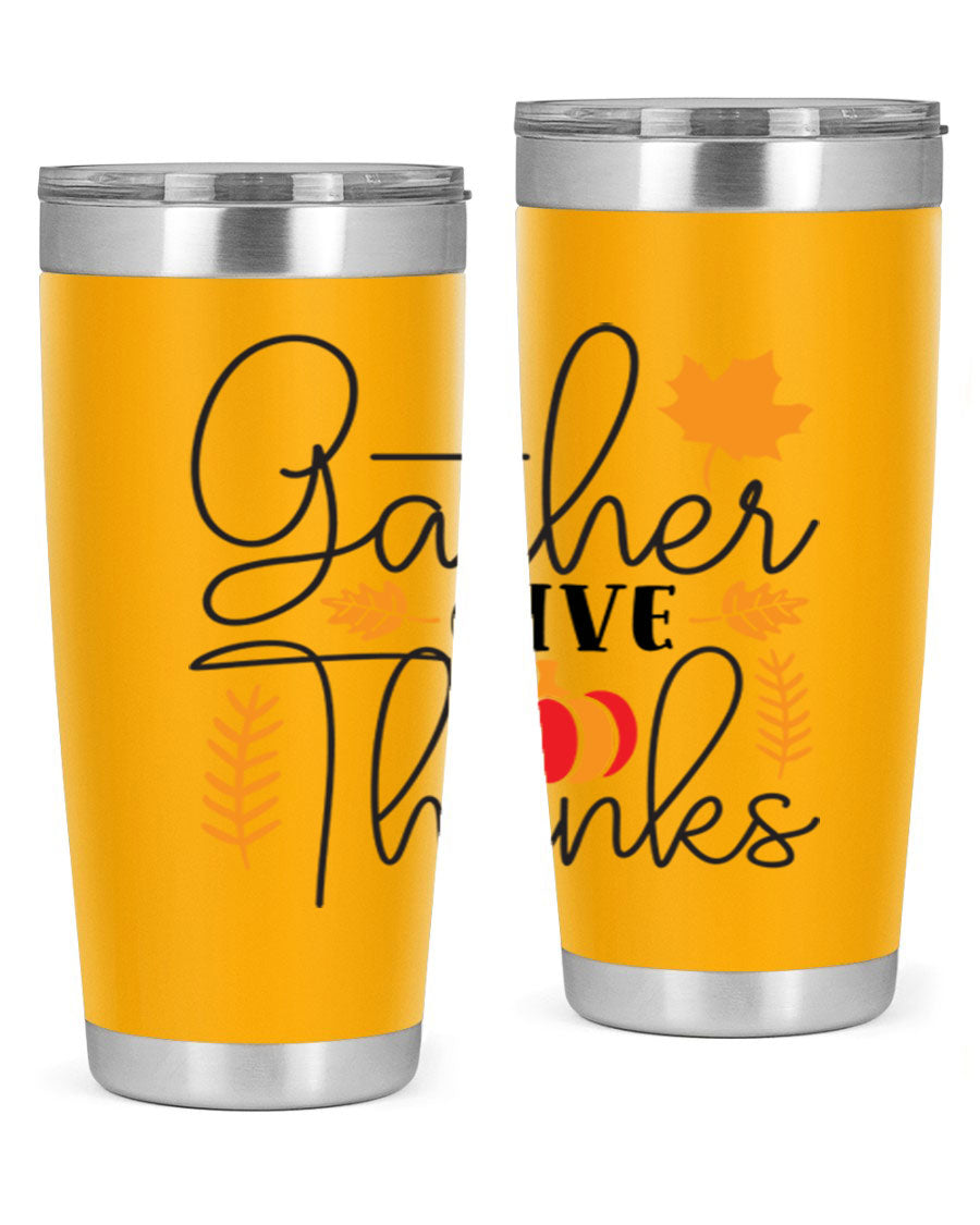 Gathergivethanks 191# fall tumbler in stainless steel with a drink-thru lid, showcasing its sleek design and double wall vacuum insulation.