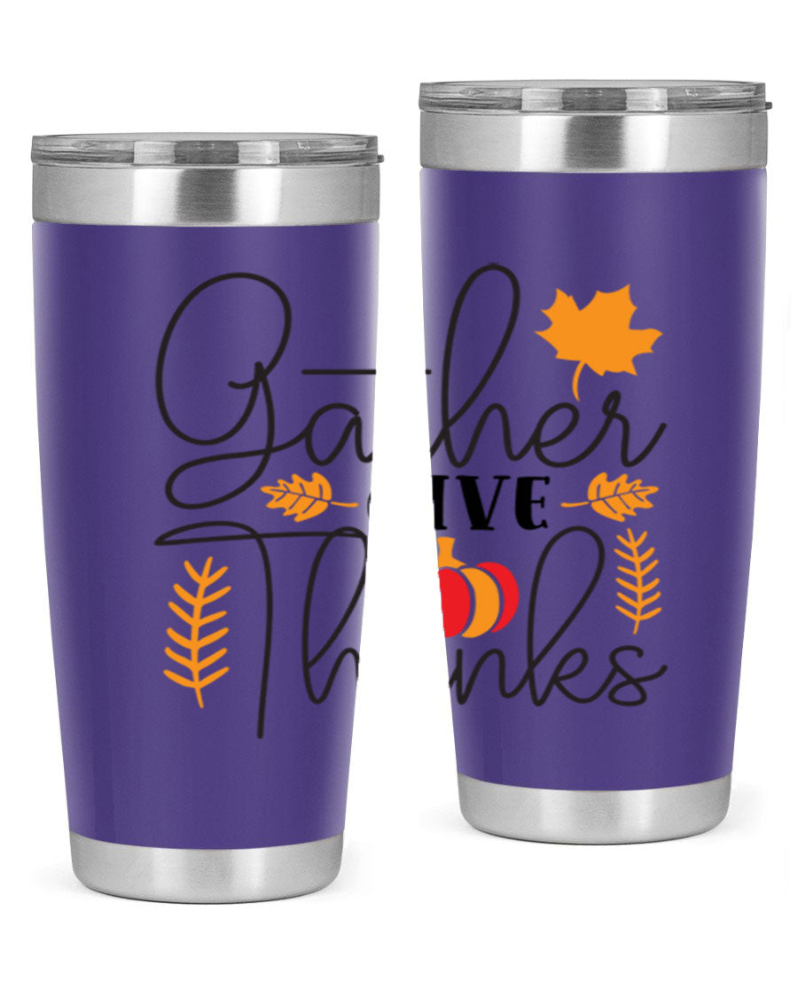 Gathergivethanks 191# fall tumbler in stainless steel with a drink-thru lid, showcasing its sleek design and double wall vacuum insulation.