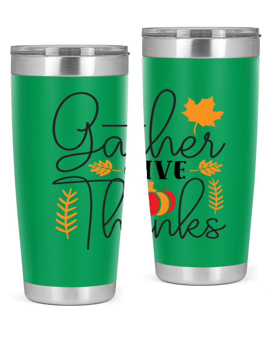 Gathergivethanks 191# fall tumbler in stainless steel with a drink-thru lid, showcasing its sleek design and double wall vacuum insulation.