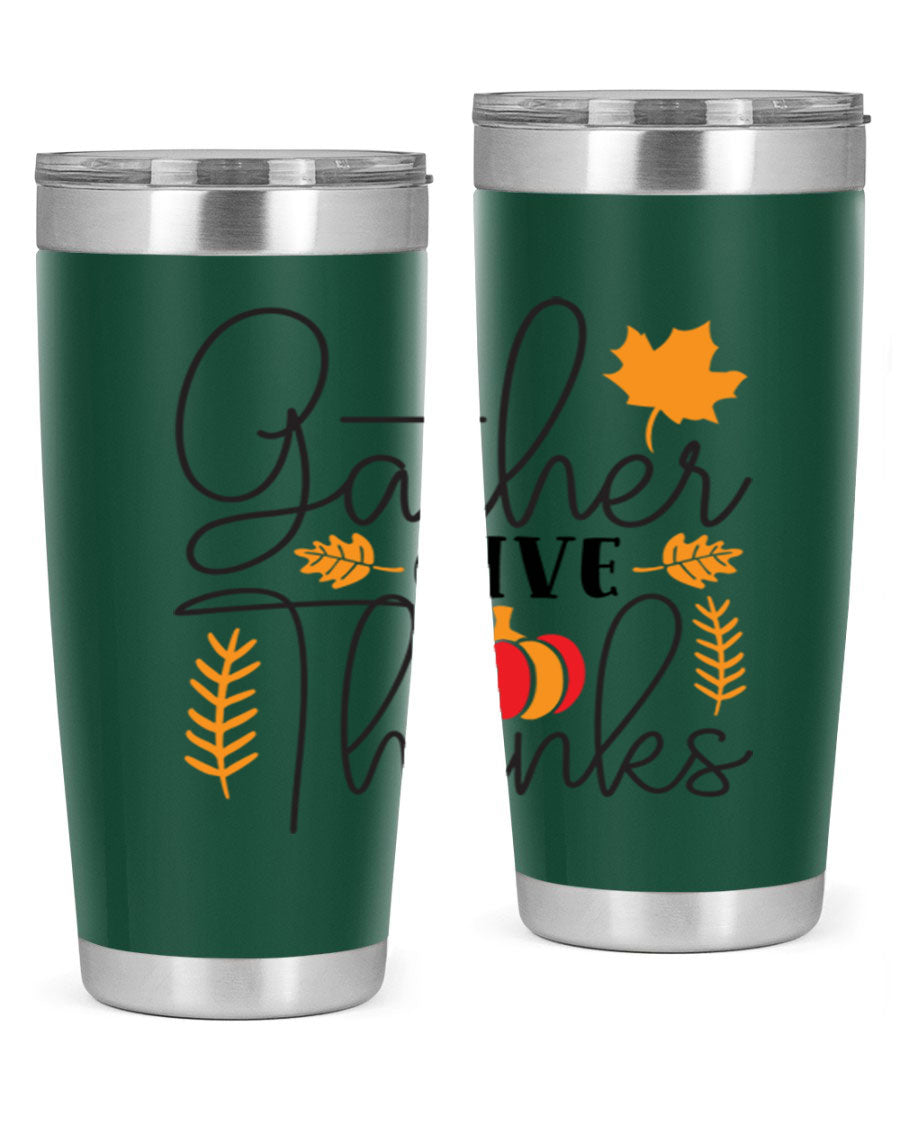 Gathergivethanks 191# fall tumbler in stainless steel with a drink-thru lid, showcasing its sleek design and double wall vacuum insulation.