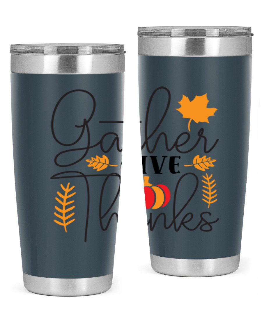 Gathergivethanks 191# fall tumbler in stainless steel with a drink-thru lid, showcasing its sleek design and double wall vacuum insulation.