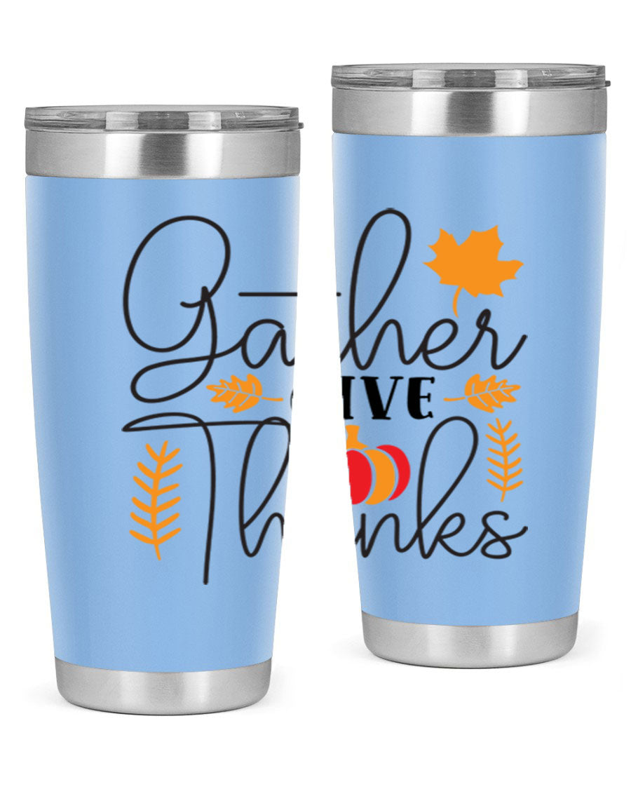 Gathergivethanks 191# fall tumbler in stainless steel with a drink-thru lid, showcasing its sleek design and double wall vacuum insulation.