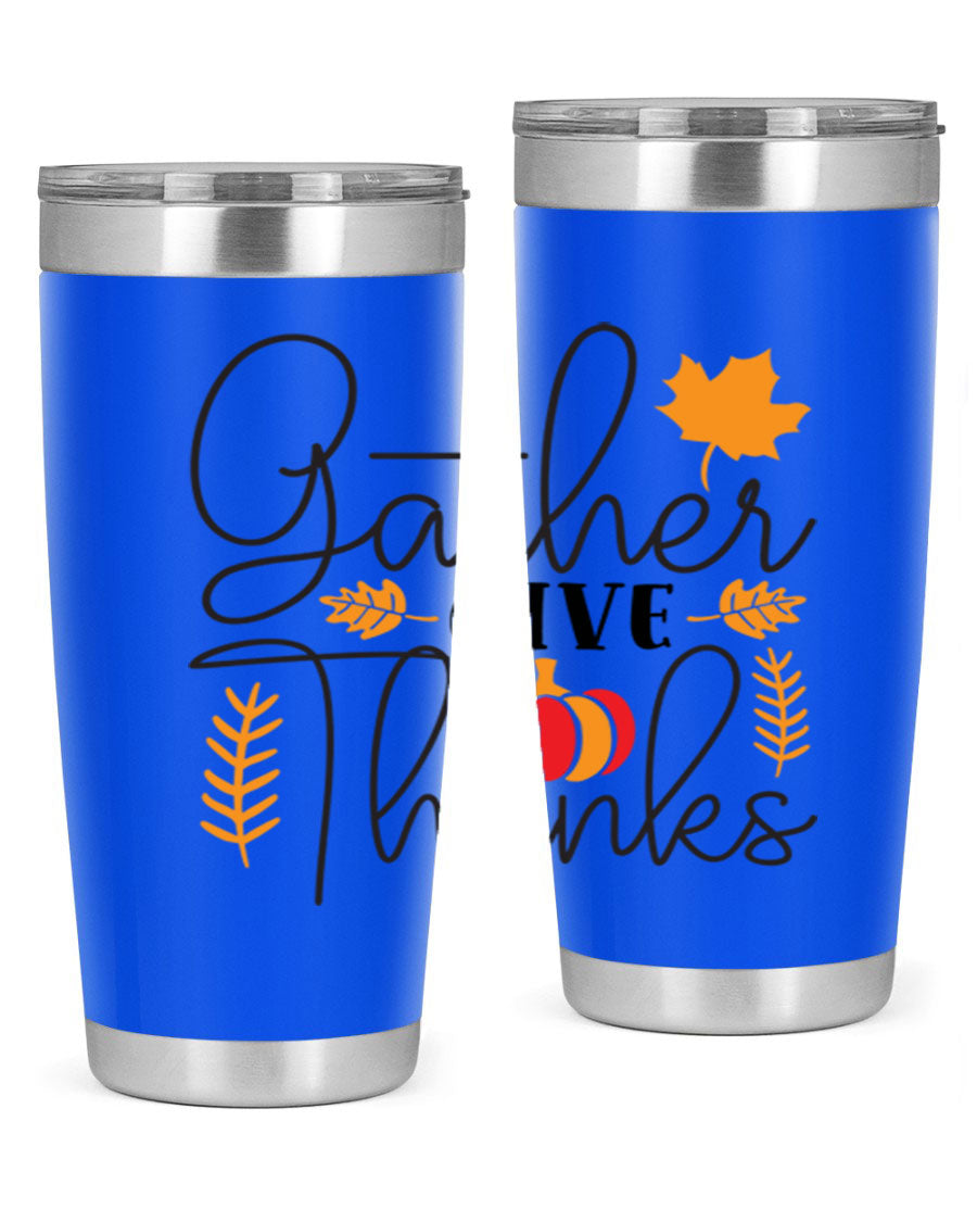 Gathergivethanks 191# fall tumbler in stainless steel with a drink-thru lid, showcasing its sleek design and double wall vacuum insulation.