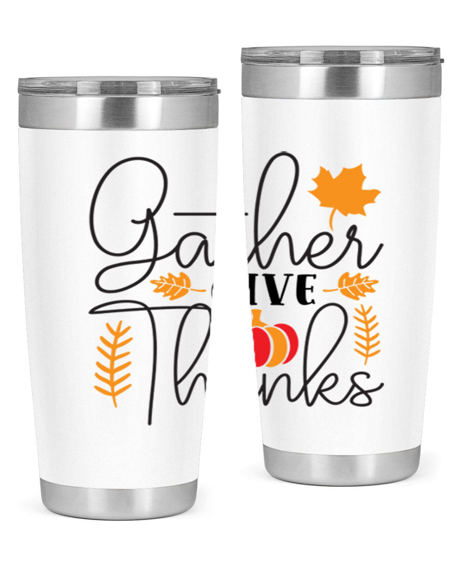Gathergivethanks 191# fall tumbler in stainless steel with a drink-thru lid, showcasing its sleek design and double wall vacuum insulation.
