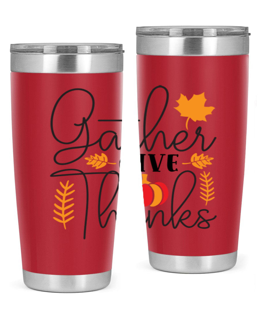 Gathergivethanks 191# fall tumbler in stainless steel with a drink-thru lid, showcasing its sleek design and double wall vacuum insulation.