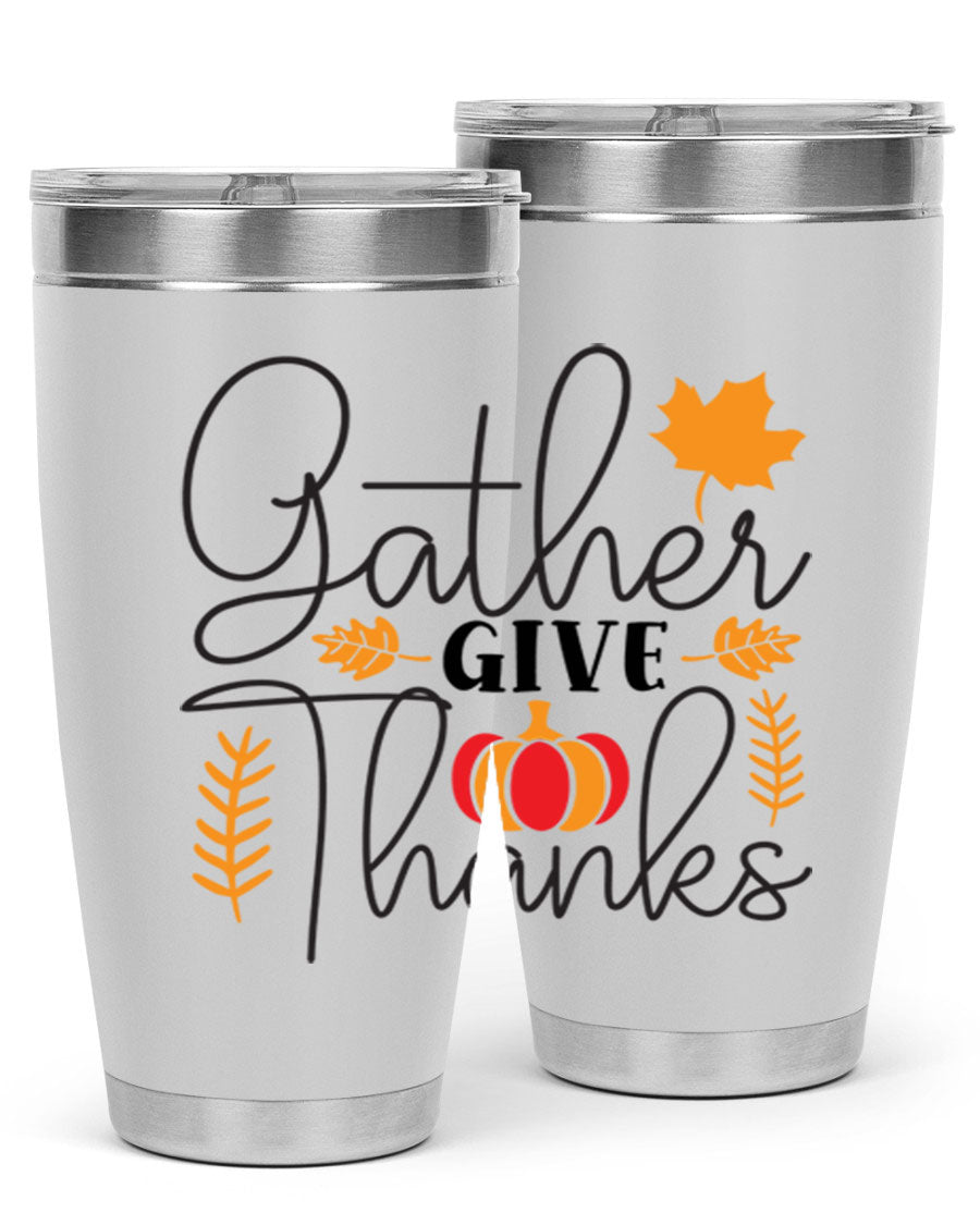 Gathergivethanks 191# fall tumbler in stainless steel with a drink-thru lid, showcasing its sleek design and double wall vacuum insulation.