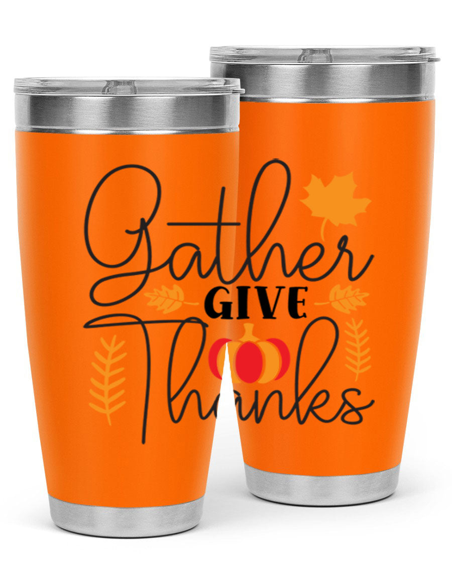 Gathergivethanks 191# fall tumbler in stainless steel with a drink-thru lid, showcasing its sleek design and double wall vacuum insulation.