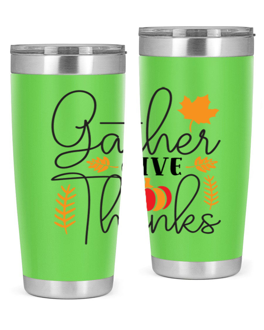 Gathergivethanks 191# fall tumbler in stainless steel with a drink-thru lid, showcasing its sleek design and double wall vacuum insulation.