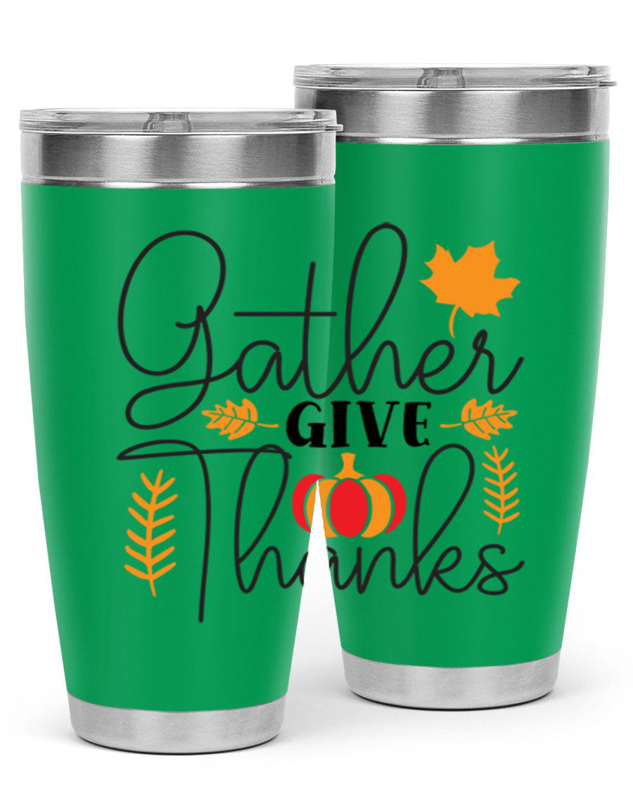 Gathergivethanks 191# fall tumbler in stainless steel with a drink-thru lid, showcasing its sleek design and double wall vacuum insulation.