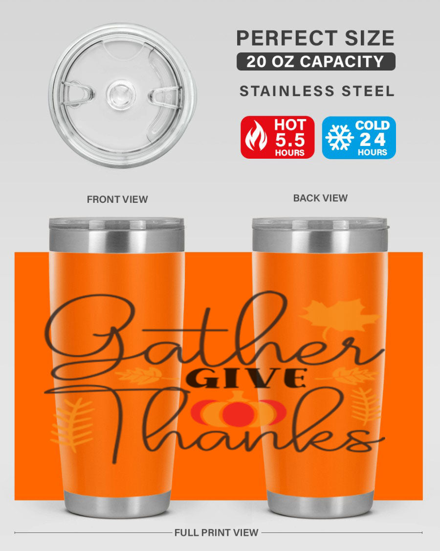 Gathergivethanks 191# fall tumbler in stainless steel with a drink-thru lid, showcasing its sleek design and double wall vacuum insulation.