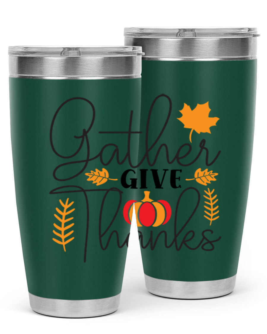 Gathergivethanks 191# fall tumbler in stainless steel with a drink-thru lid, showcasing its sleek design and double wall vacuum insulation.