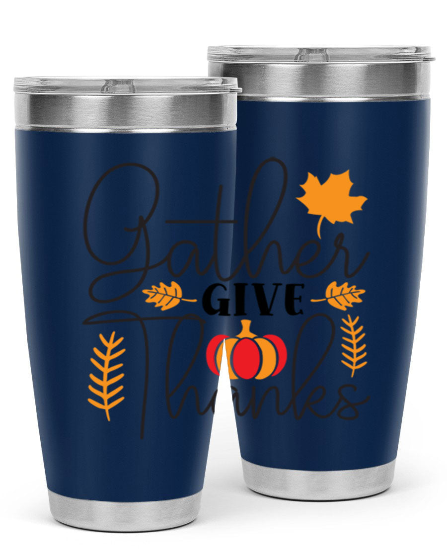 Gathergivethanks 191# fall tumbler in stainless steel with a drink-thru lid, showcasing its sleek design and double wall vacuum insulation.