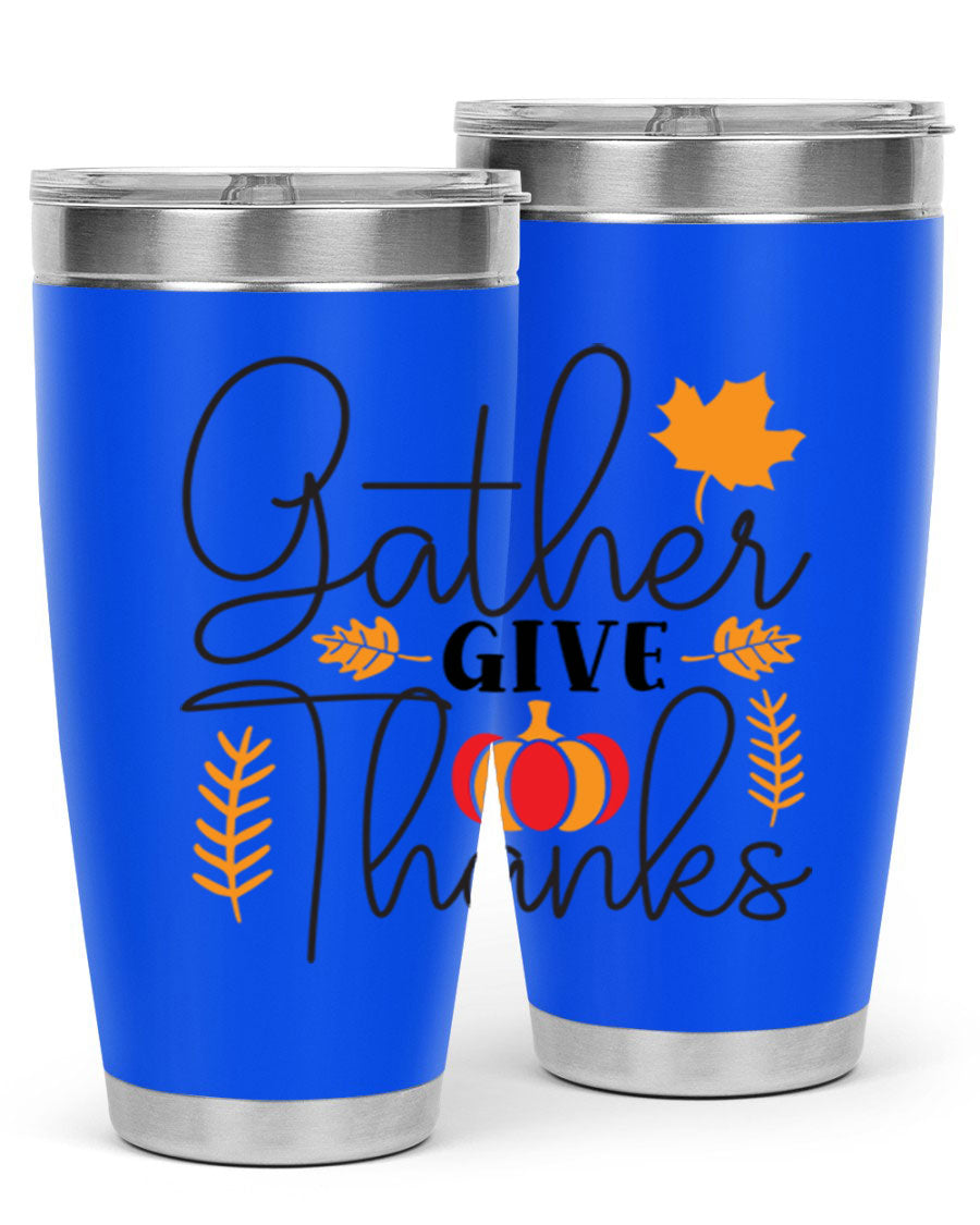 Gathergivethanks 191# fall tumbler in stainless steel with a drink-thru lid, showcasing its sleek design and double wall vacuum insulation.