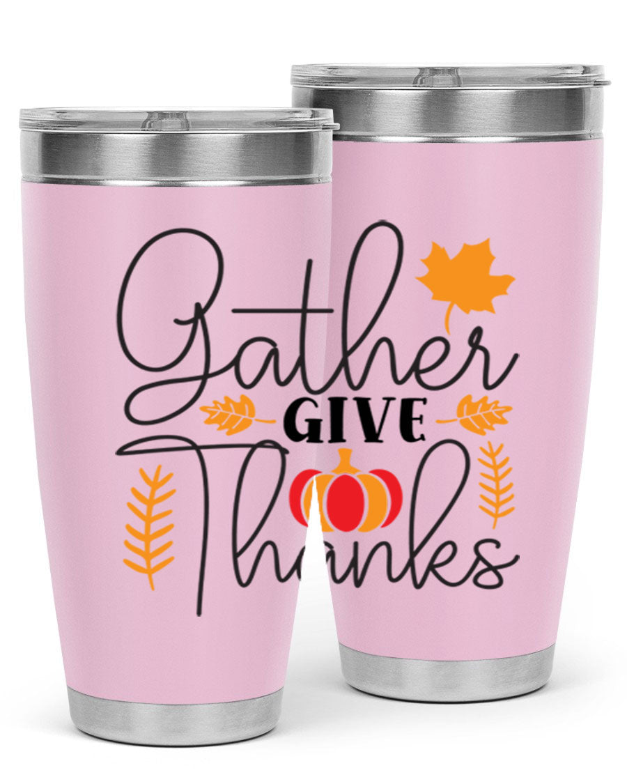 Gathergivethanks 191# fall tumbler in stainless steel with a drink-thru lid, showcasing its sleek design and double wall vacuum insulation.