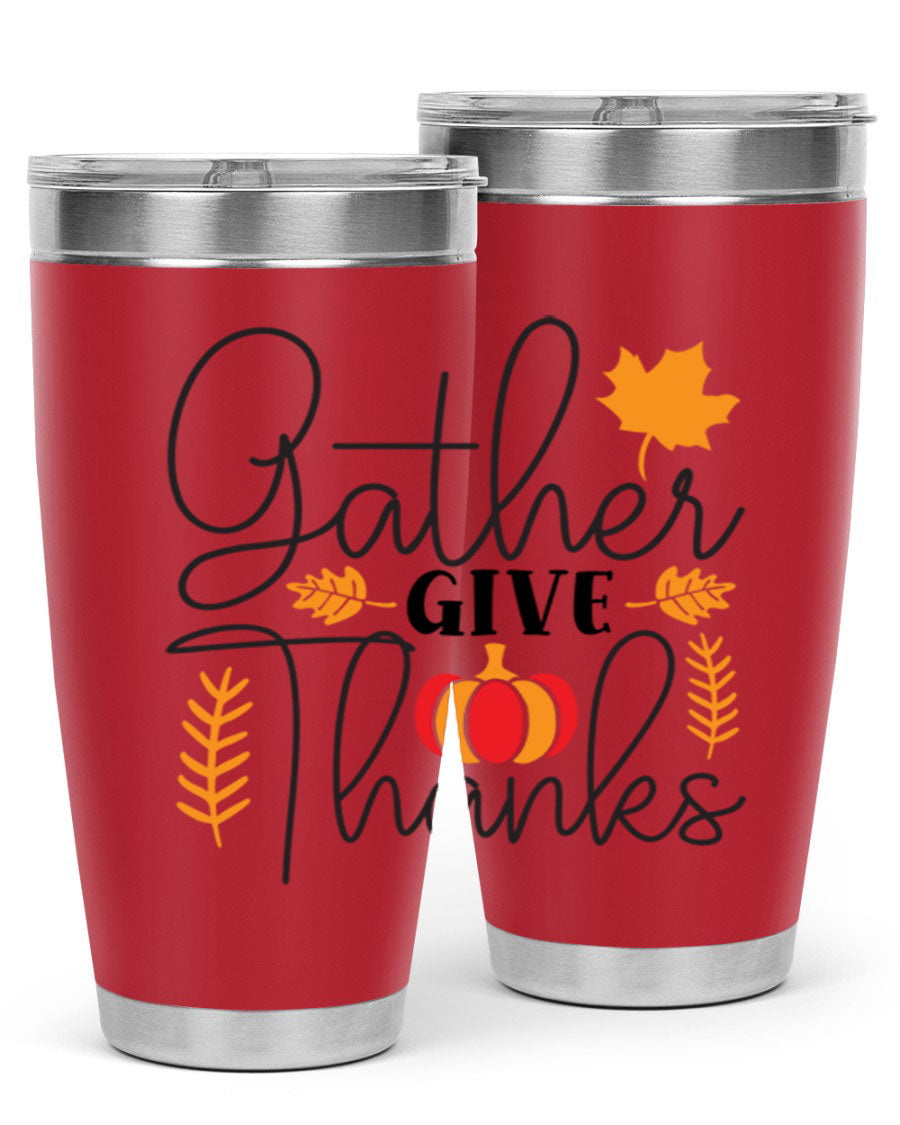 Gathergivethanks 191# fall tumbler in stainless steel with a drink-thru lid, showcasing its sleek design and double wall vacuum insulation.